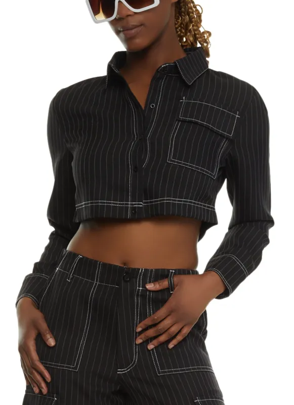 Pinstripe Cropped Button Front Shirt sold by Rainbow