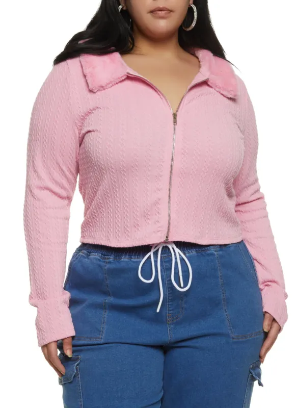 Plus Size Faux Fur Collar Zip Front Sweater sold by Rainbow