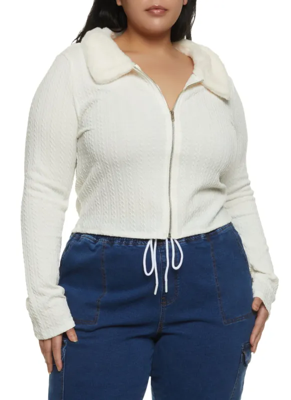 Plus Size Faux Fur Collar Zip Front Sweater sold by Rainbow