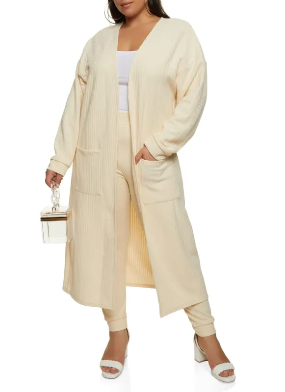 Plus Size Ribbed Knit Pocket Long Cardigan sold by Rainbow