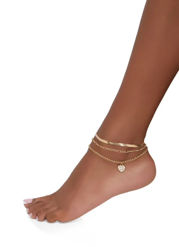 Rhinestone Heart Snake Chain Anklet Trio sold by Rainbow