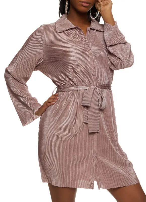 Plisse Tie Waist Shirt Dress sold by Rainbow