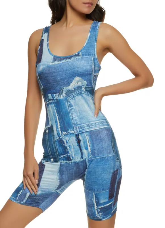 Denim Patch Print Romper sold by Rainbow
