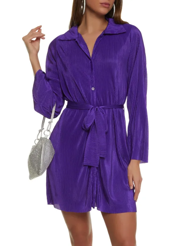 Plisse Tie Waist Shirt Dress sold by Rainbow