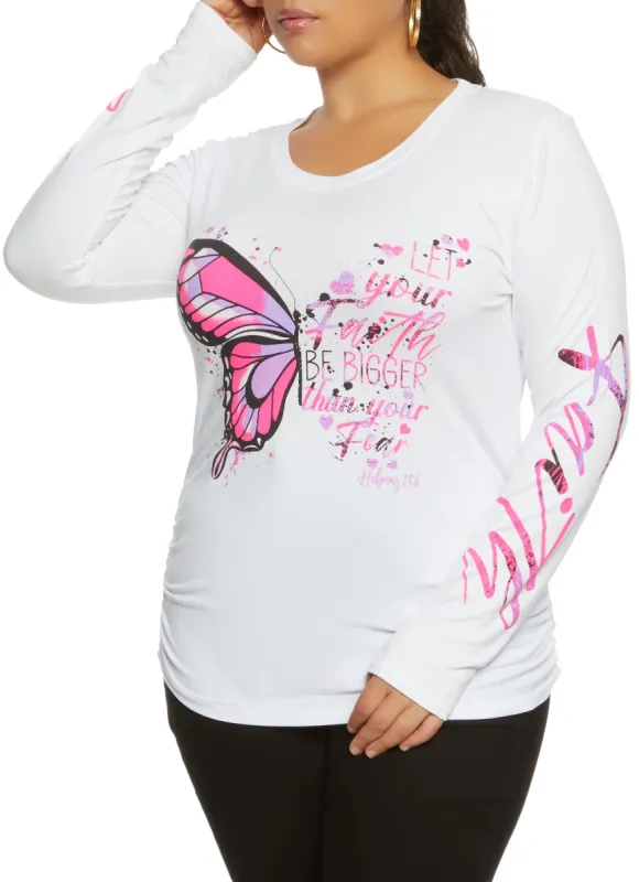 Plus Size Long Sleeve Ruched Faith Graphic Tee sold by Rainbow