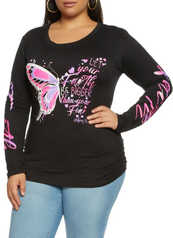 Plus Size Long Sleeve Ruched Faith Graphic Tee sold by Rainbow