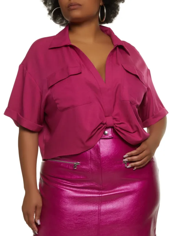 Plus Size Crepe Knit Twist Front Pocket Shirt sold by Rainbow