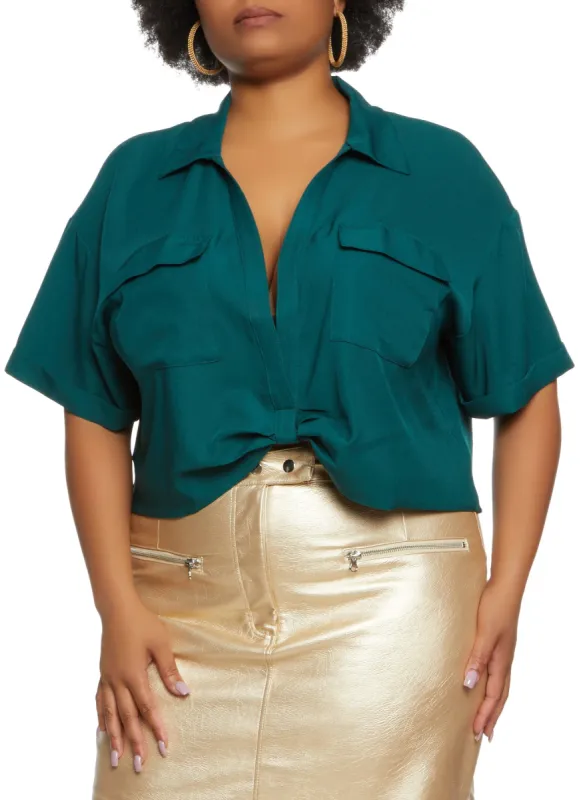 Plus Size Crepe Knit Twist Front Pocket Shirt sold by Rainbow