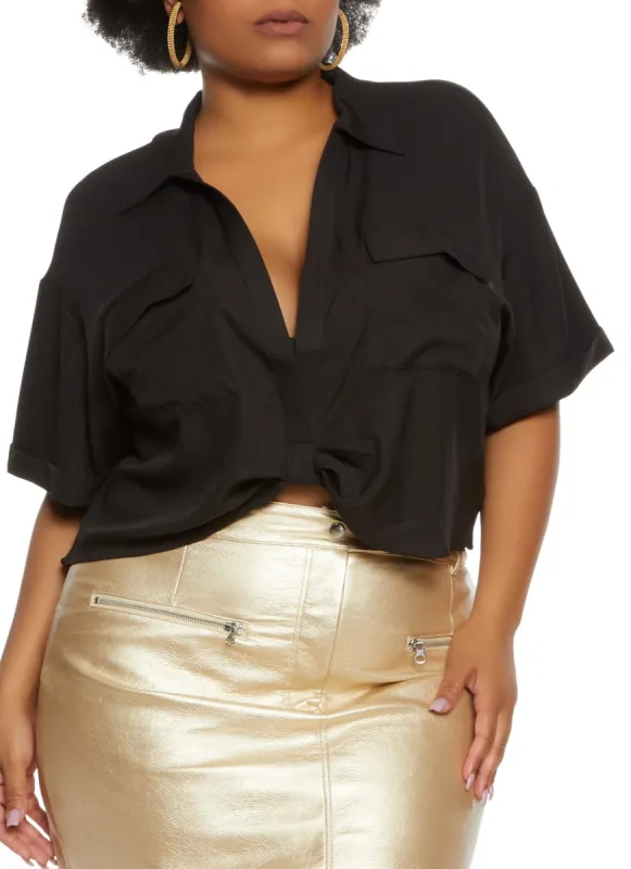 Plus Size Crepe Knit Twist Front Pocket Shirt sold by Rainbow