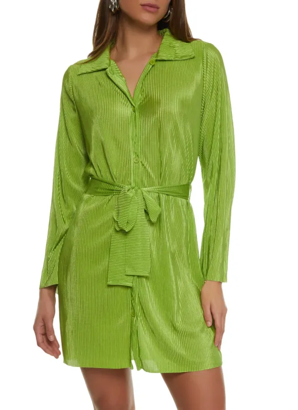 Plisse Tie Waist Shirt Dress sold by Rainbow
