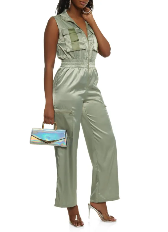 Sleeveless Elastic Waist Cargo Jumpsuit sold by Rainbow