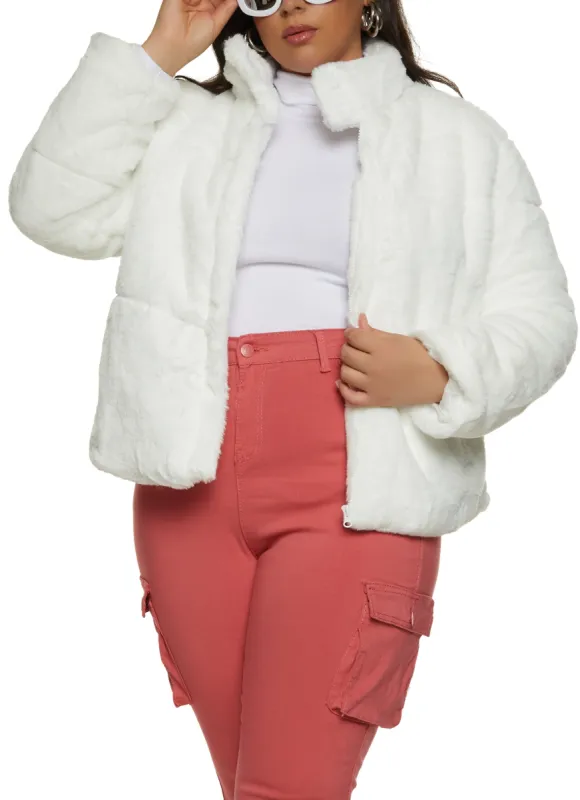 Plus Size Funnel Neck Faux Fur Jacket sold by Rainbow