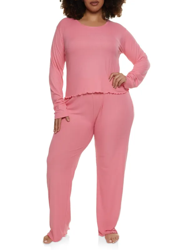 Plus Size Solid Ribbed Knit Lettuce Edge Pajama Top and Pants sold by Rainbow