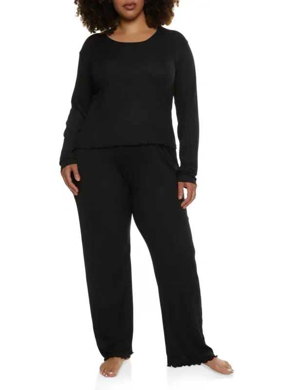Plus Size Solid Ribbed Knit Lettuce Edge Pajama Top and Pants sold by Rainbow