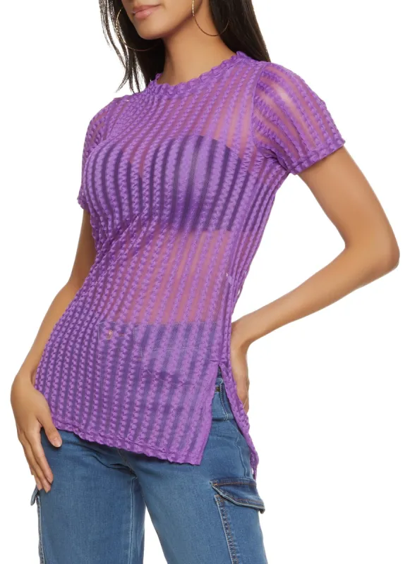 Striped Mesh Detail Side Slit Tunic Top sold by Rainbow