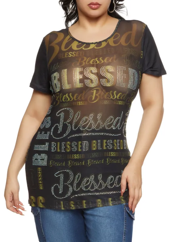 Plus Size Rhinestone Mesh Blessed Tunic Top sold by Rainbow