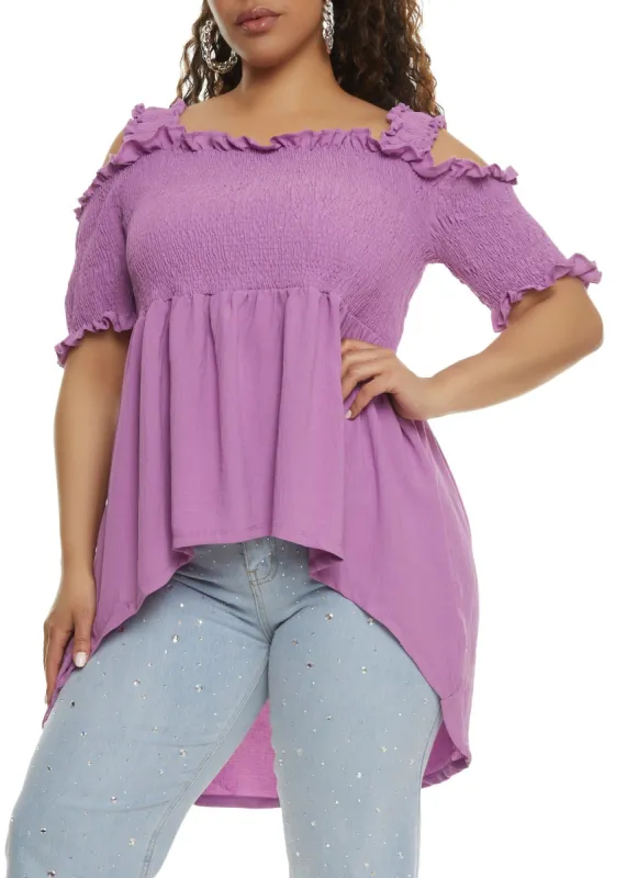 Plus Size Smocked High Low Hem Peplum Top sold by Rainbow