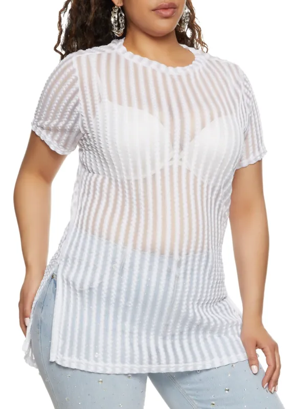 Plus Size Striped Mesh Detail High Low Hem Top sold by Rainbow