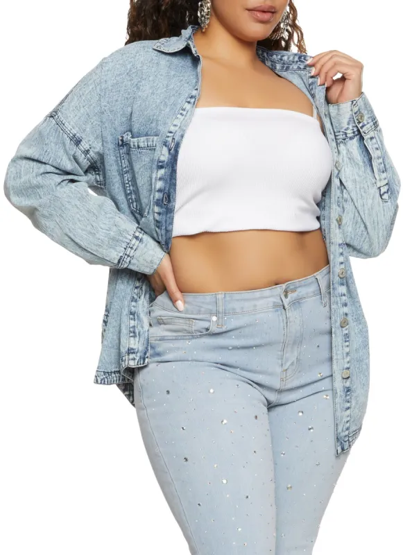 Plus Size Acid Wash Denim Shirt sold by Rainbow