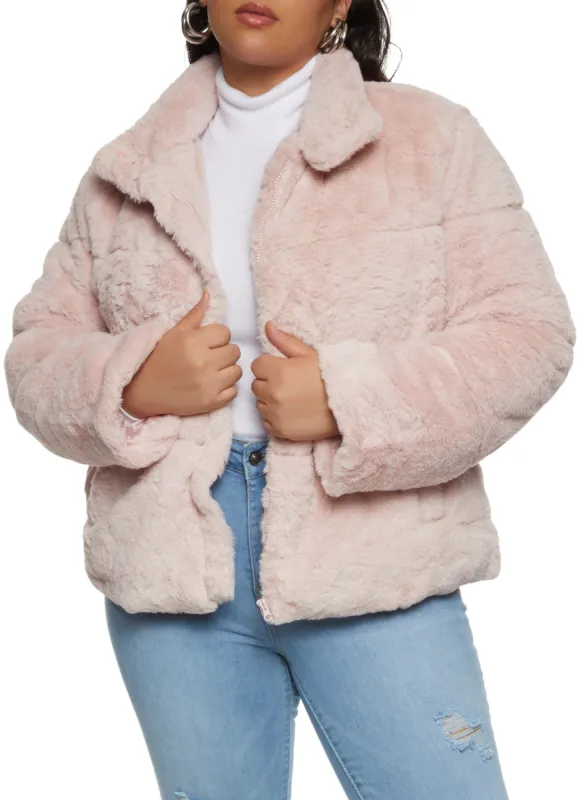 Plus Size Funnel Neck Faux Fur Jacket sold by Rainbow