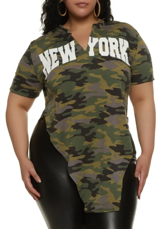 Plus Size Camo Hanky Hem Graphic Tee sold by Rainbow