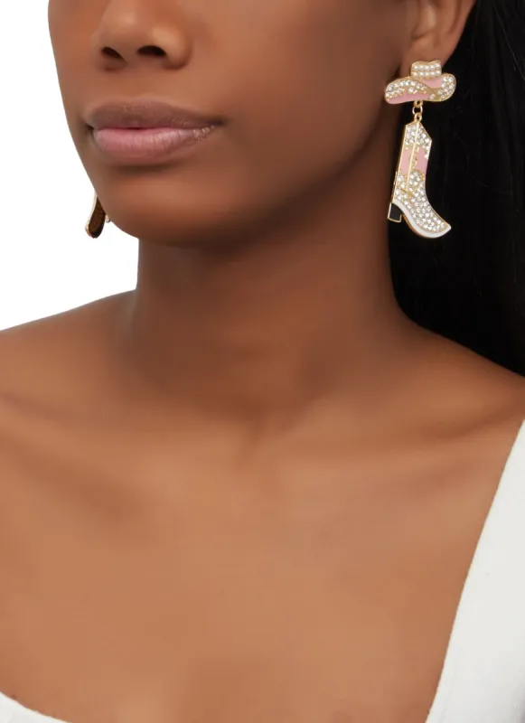 Faux Pearl Rhinestone Studded Cowboy Drop Earrings sold by Rainbow