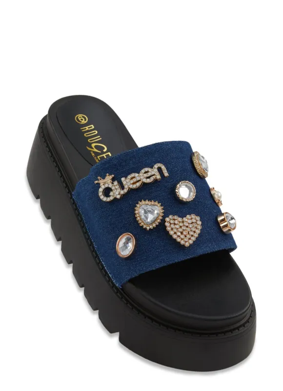 Queen Charm Denim Band Platform Slide Sandals sold by Rainbow