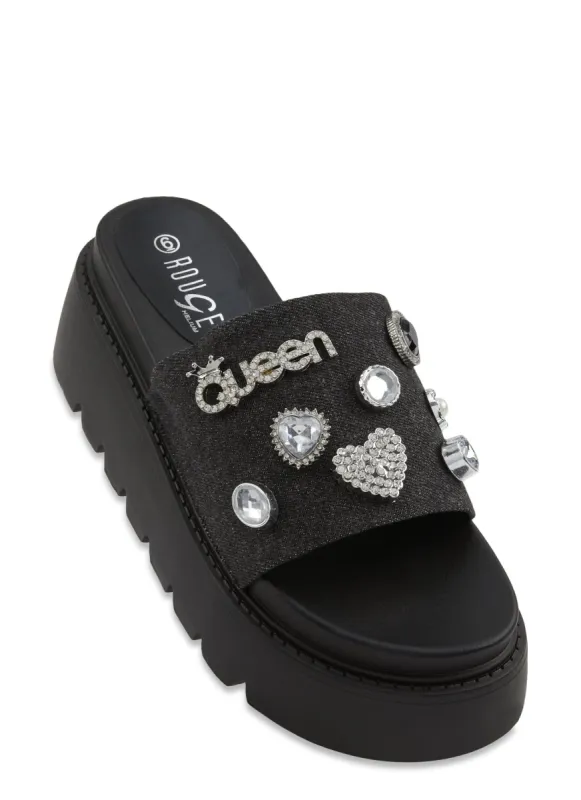 Queen Charm Denim Band Platform Slide Sandals sold by Rainbow
