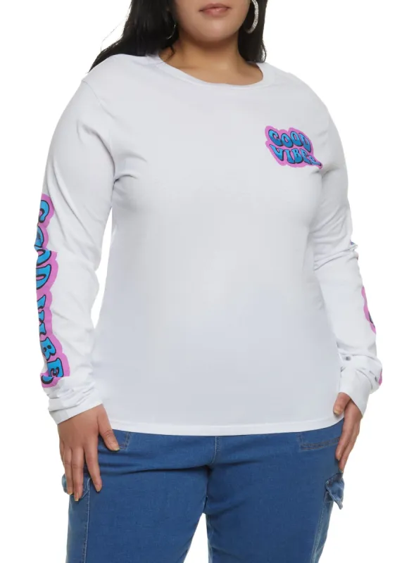 Plus Size Long Sleeve Good Vibes Bear Graphic Tee sold by Rainbow