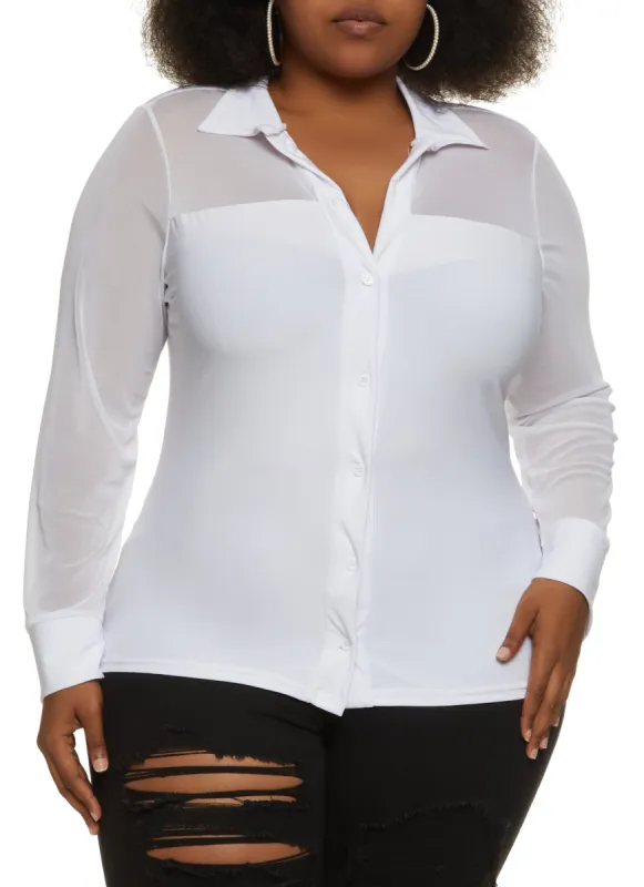 Plus Size Button Front Mesh Sleeve Shirt sold by Rainbow