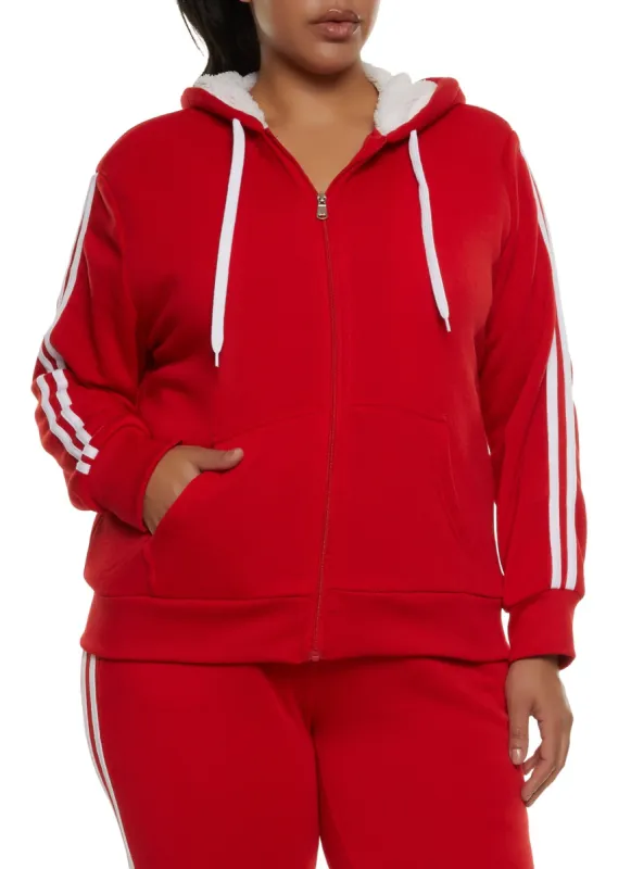 Plus Size Sherpa Lined Varsity Striped Sleeve Zip Hoodie sold by Rainbow