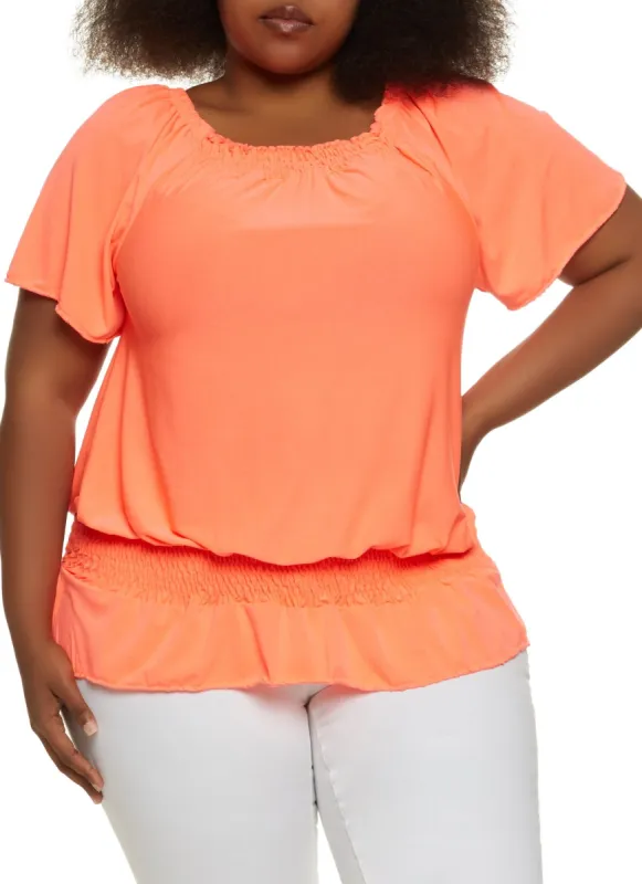 Plus Size Square Neck Smocked Waist Blouse sold by Rainbow
