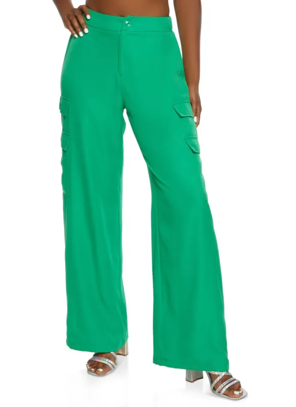 Solid High Waist Wide Leg Cargo Pants sold by Rainbow