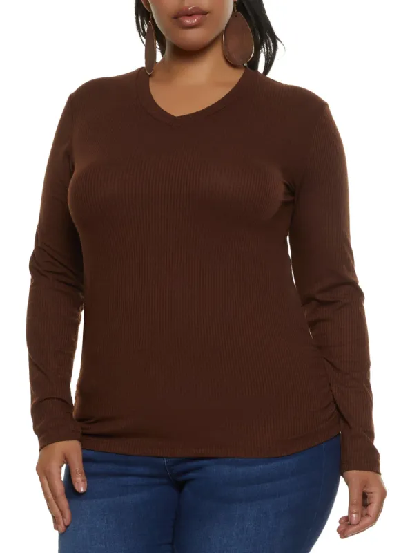 Plus Size Ribbed  V Neck Ruched Side Tee sold by Rainbow