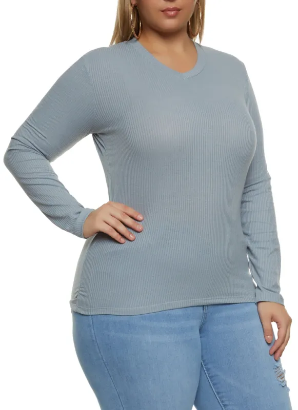 Plus Size Ribbed V Neck Ruched Side Tee sold by Rainbow