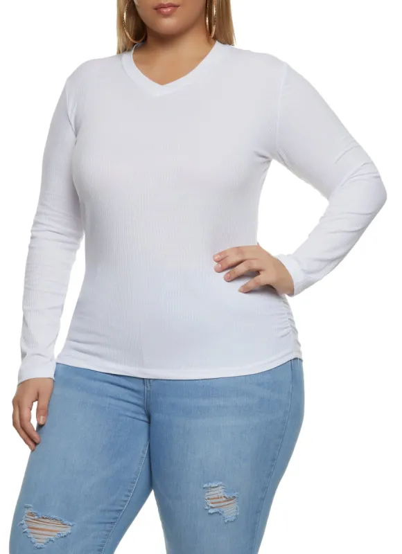 Plus Size Ribbed  V Neck Ruched Side Tee sold by Rainbow
