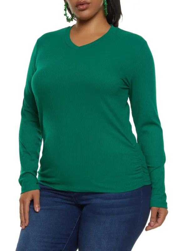 Plus Size Ribbed V Neck Ruched Side Tee sold by Rainbow