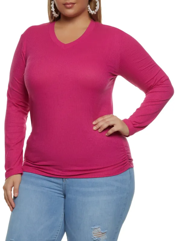 Plus Size Ribbed V Neck Ruched Side Tee sold by Rainbow