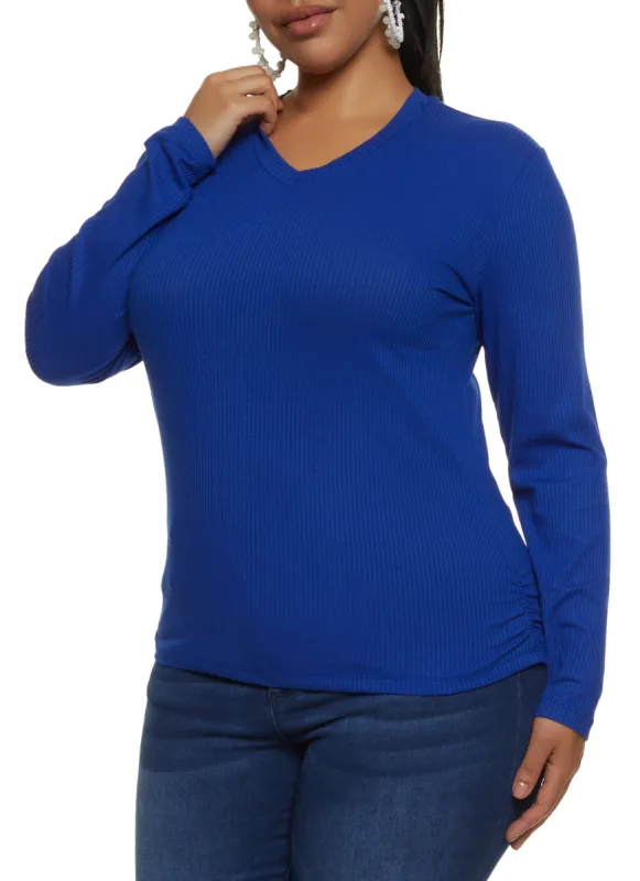 Plus Size Ribbed V Neck Ruched Side Tee sold by Rainbow