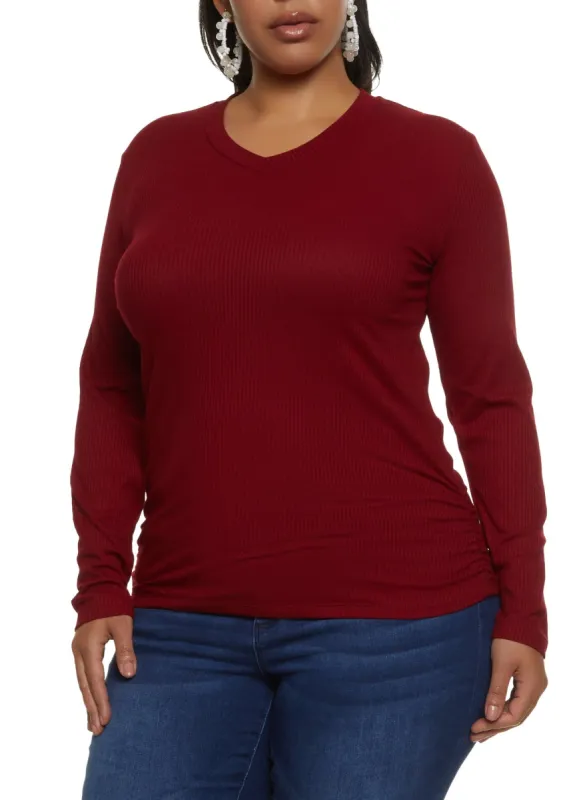 Plus Size Ribbed V Neck Ruched Side Tee sold by Rainbow