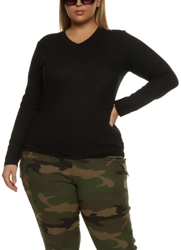 Plus Size Ribbed V Neck Ruched Side Tee sold by Rainbow