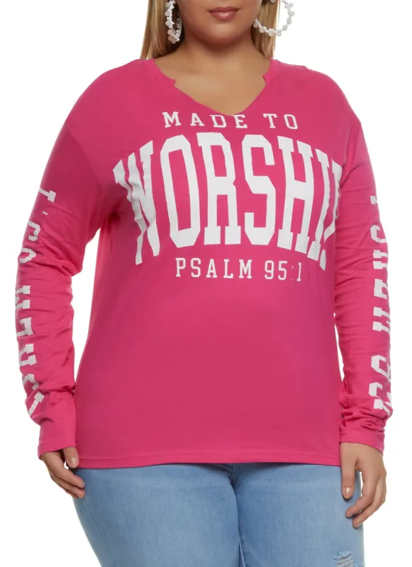 Plus Size Made To Worship Long Sleeve Graphic Tee sold by Rainbow