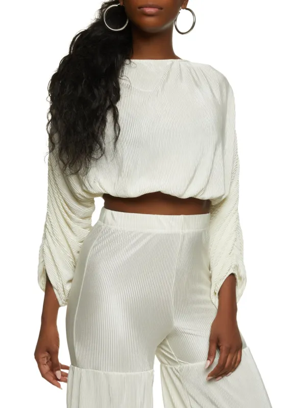 Plisse Ruched Sleeve Crop Top sold by Rainbow