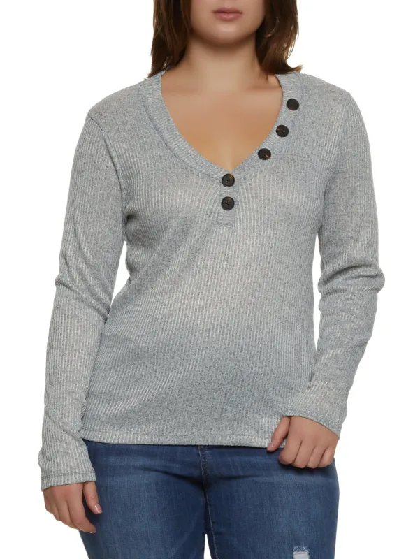 Plus Size Faux Button V Neck Top sold by Rainbow