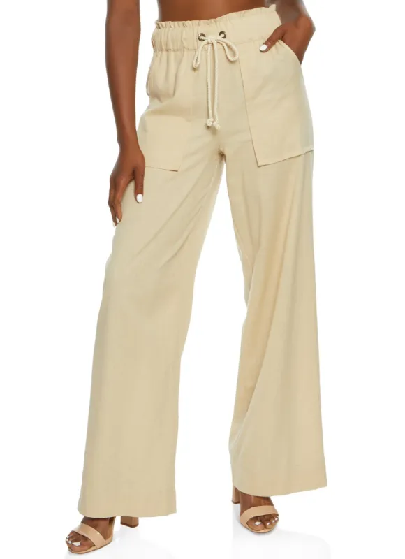 Linen Drawstring High Waist Wide Leg Pants sold by Rainbow