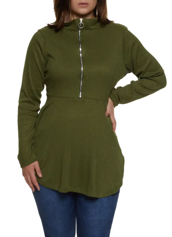 Plus Size Half Zip Hanky Hem Top sold by Rainbow