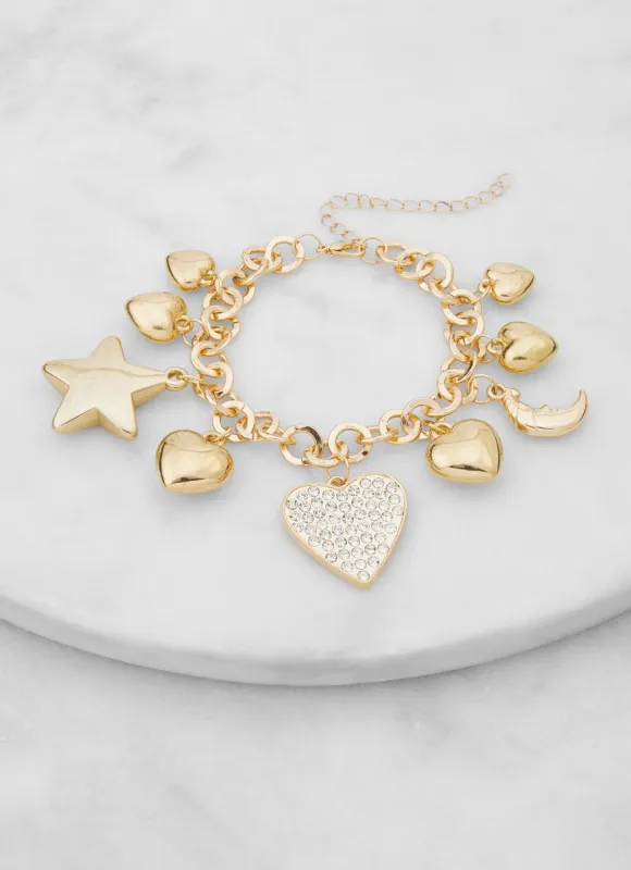 Rhinestone Heart Charm Bracelet sold by Rainbow