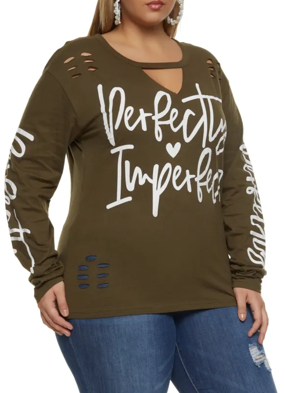 Plus Size Laser Cut Perfectly Imperfect Graphic Tee sold by Rainbow