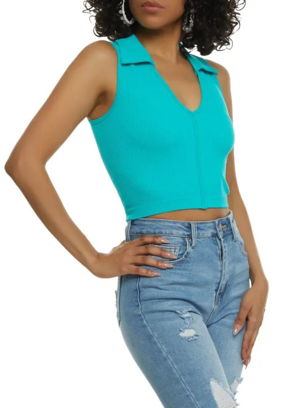 Seamless Rib Knit Collared Crop Top sold by Rainbow