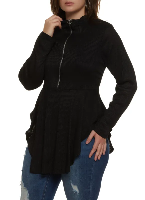 Plus Size Half Zip Hanky Hem Top sold by Rainbow
